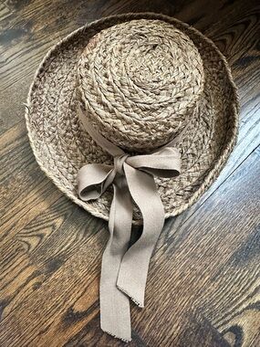 Helen Kaminski Woven Straw Sun Hat with Taupe Ribbon